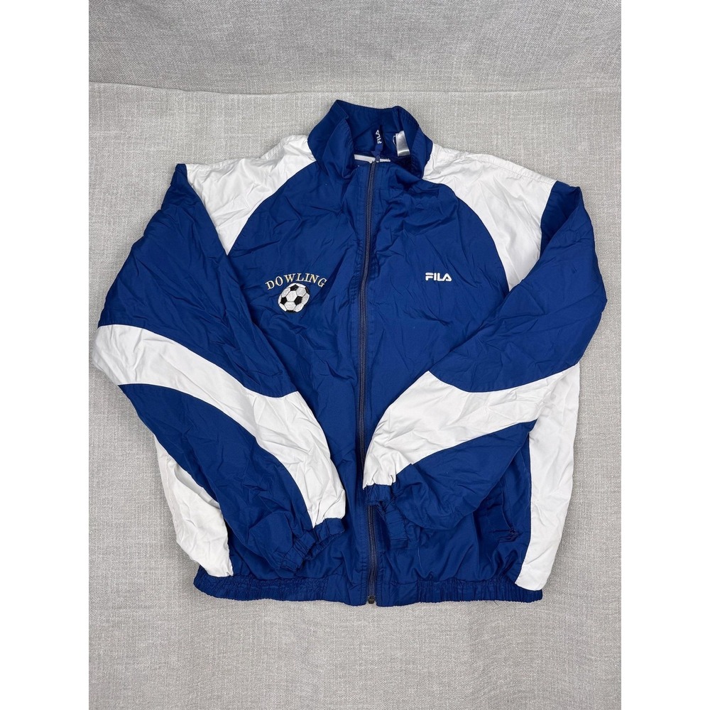 FILA Jacket Mens XL Blue White Full Zip Windbreaker Dowling Soccer Logo